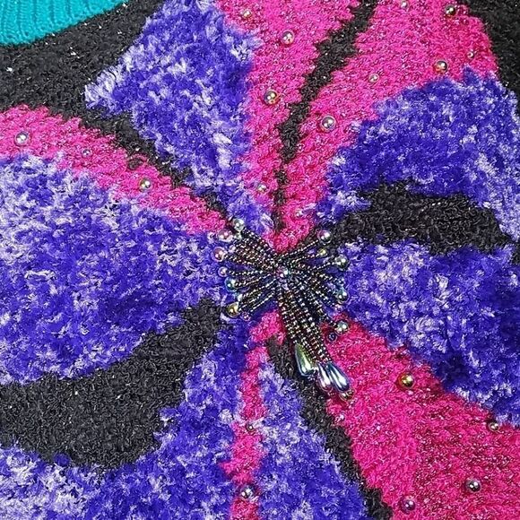 Vintage 80s Embellished Floral Knit Sweater Md - Picture 3 of 5